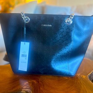 Calvin Klein Hayden Signature East/West Top Zip Chain Tote, Matte Black